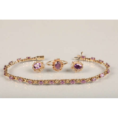 254 - 9ct gold and amethyst evening set consisting of stud earrings, a ring and a matching bracelet, in Ar... 