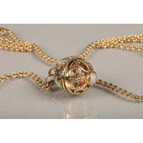 256 - 9ct gold and opal ball pendant, the round open wire work ball pendant studded with cabochon opals an... 