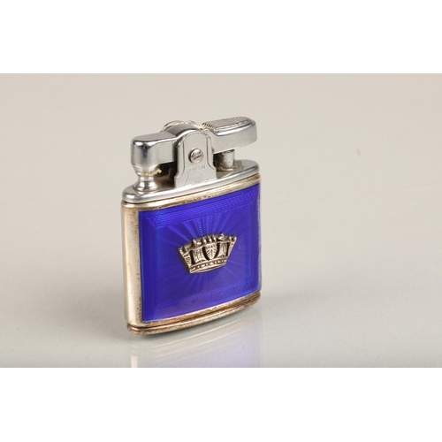 257 - Mid century Ronson lighter, the silvered case with blue guilloche enamel front around a raised coron... 