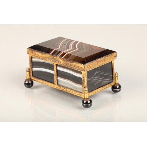 258 - French small, banded agate jewellery casket, 19th century, the banded agate panels around an ormolu ... 