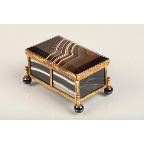 258 - French small, banded agate jewellery casket, 19th century, the banded agate panels around an ormolu ... 