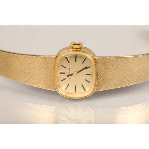 266 - Ladies Bulova wristwatch having 17 jewel movement on 9ct gold textured link bracelet, 20.8g without ... 