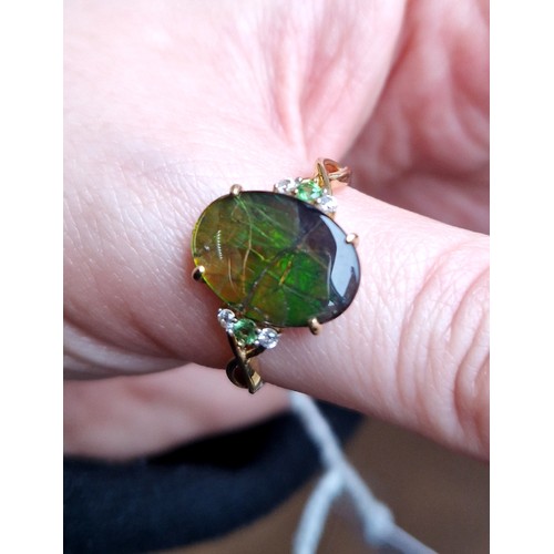 101 - AA Ammolite 9ct gold set including size R/S ring, pendant, and pair of earrings, each with authentic... 