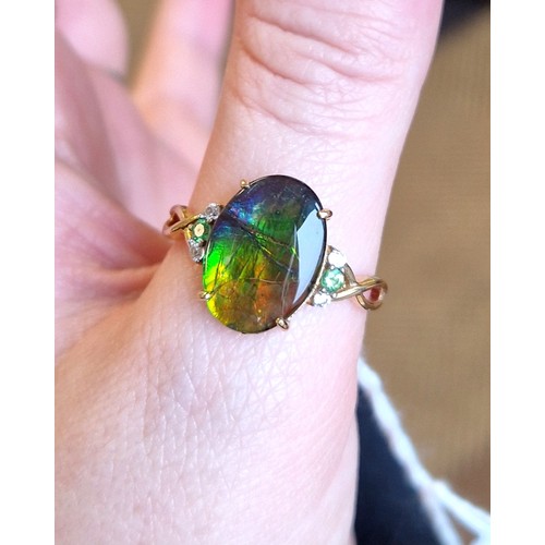 101 - AA Ammolite 9ct gold set including size R/S ring, pendant, and pair of earrings, each with authentic... 