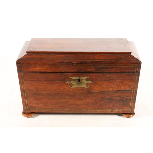 377 - Victorian rosewood tea caddy, of sarcophagus shape with brass inlay beading, recessed handles on fou... 