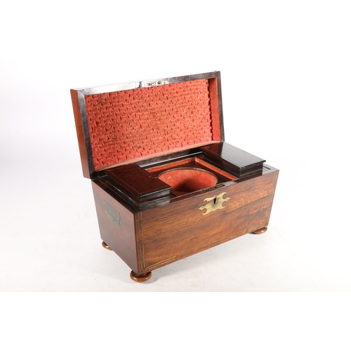 377 - Victorian rosewood tea caddy, of sarcophagus shape with brass inlay beading, recessed handles on fou... 