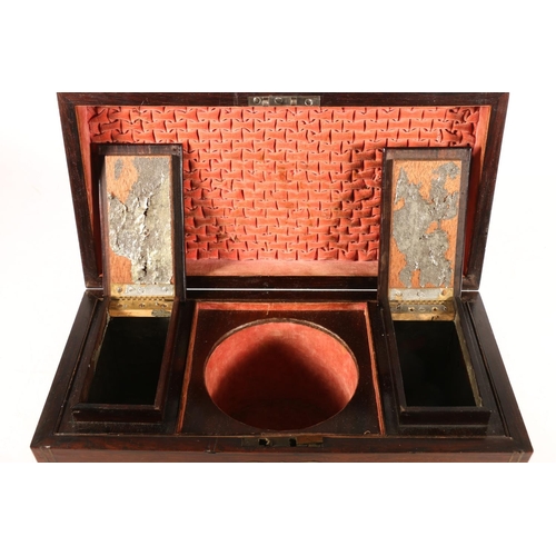 377 - Victorian rosewood tea caddy, of sarcophagus shape with brass inlay beading, recessed handles on fou... 