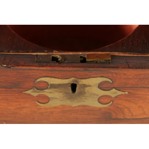 377 - Victorian rosewood tea caddy, of sarcophagus shape with brass inlay beading, recessed handles on fou... 