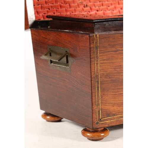 377 - Victorian rosewood tea caddy, of sarcophagus shape with brass inlay beading, recessed handles on fou... 