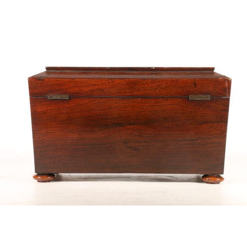 377 - Victorian rosewood tea caddy, of sarcophagus shape with brass inlay beading, recessed handles on fou... 