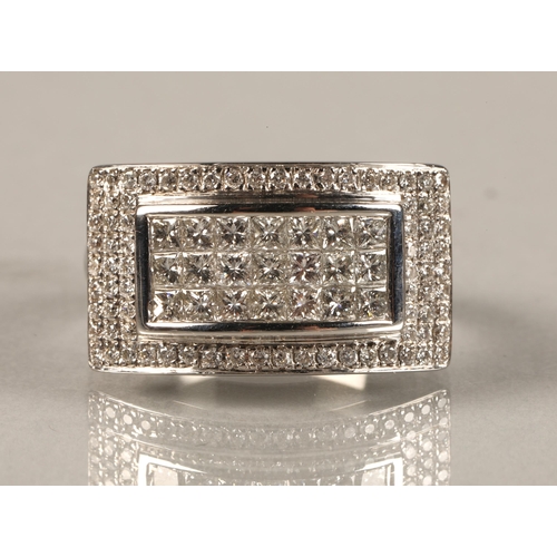 107 - Ladies one carat white gold diamond cluster ring ,three central rows of seven diamonds, surrounded b... 