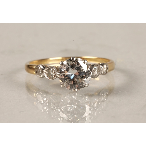 111 - Ladies 18ct yellow gold 1.25 carat diamond solitaire ring with diamond shoulders, ring size N.