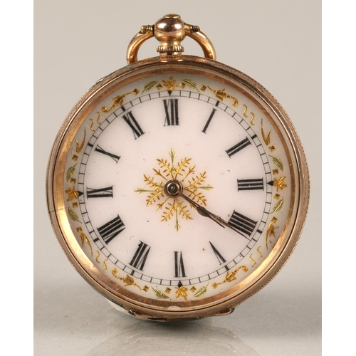 127 - Ladies 9k gold open face pocket watch, total weight 35 grams.