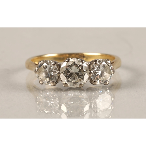 57 - Ladies 18ct yellow gold three stone diamond ring, central stone 0.5 carat with 0.33 carat stone at e... 