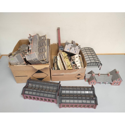 266 - Two boxes of model railway buildings and track components to include a factory, glass station roof e... 