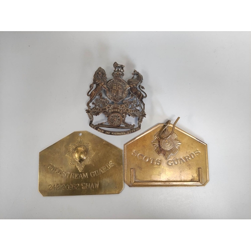 362 - British Army Royal Artillery Victorian officer's helmet plate height 10cm. Also two military brass b... 