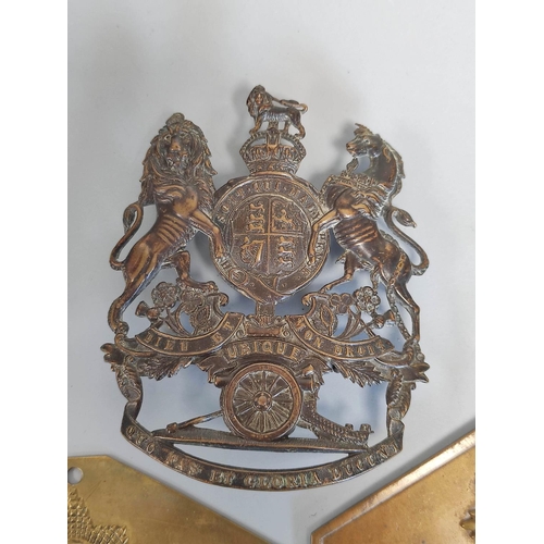 362 - British Army Royal Artillery Victorian officer's helmet plate height 10cm. Also two military brass b... 