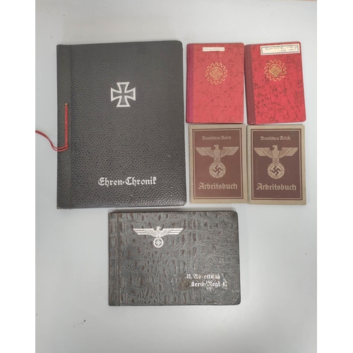 383 - German Third Reich collectables to include an Ehren Chronik (honour chronicle), a postcard album, tw... 