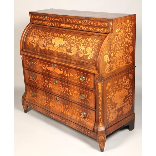 509 - Dutch 19th century marquetry roll top chest, with three drawers, 124 x 123.5 x 57 cm