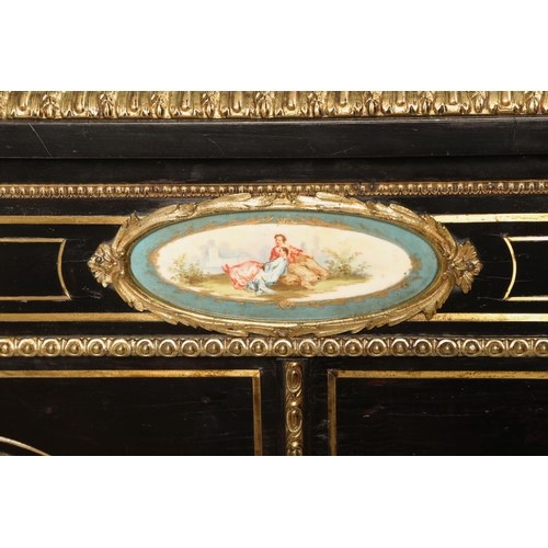 511 - Victorian ebonised cabinet, with gilt decoration and hand painted ceramic cartouche depicting a coup... 