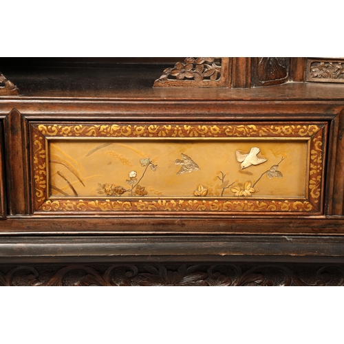 510 - Impressive Japanese Shodana hardwood cabinet,  intricately carved with foliage and birds, the drawer... 