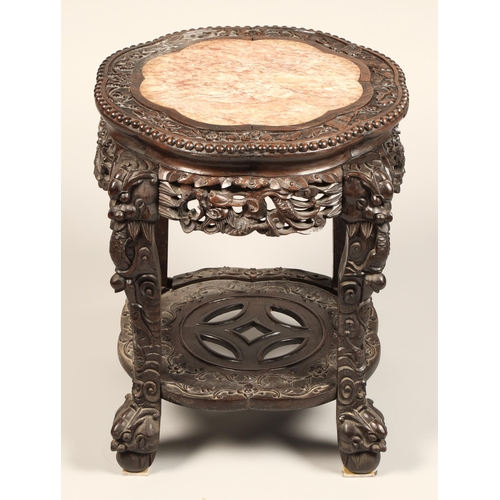 514 - Chinese hardwood jardiniere stand with rouge marble top, Wyllie Lochhead label, with carved apron, 4... 