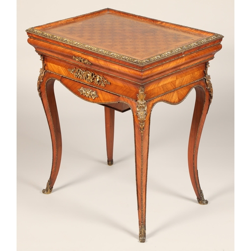 520 - Rosewood sewing work box, hinged lid, mirrored to the inside, raised on outswept legs with ormulou m... 