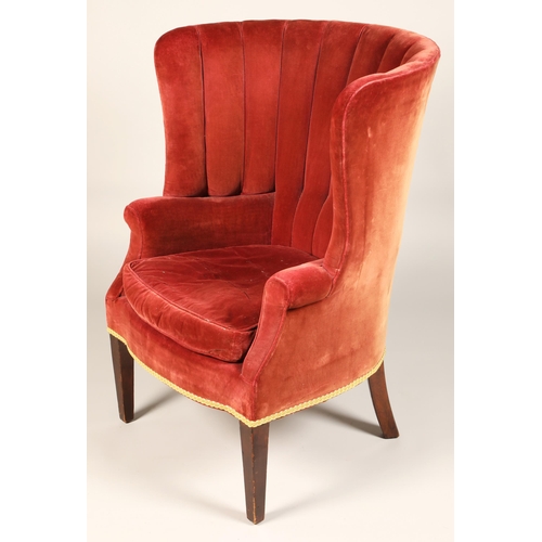 523 - Wing back easy chair, ribbed back , upholstered in velour fabric, raised on tapered legs 64cm wide, ... 