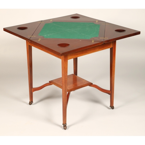 522 - Edwardian inlaid mahogany envelope games table with fitted drawer, inlaid with stylised flowers rais... 