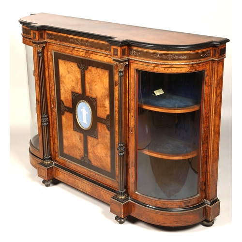 527 - Victorian walnut credenza, central solid door mounted with oval wedgwood panel of classical figure, ... 