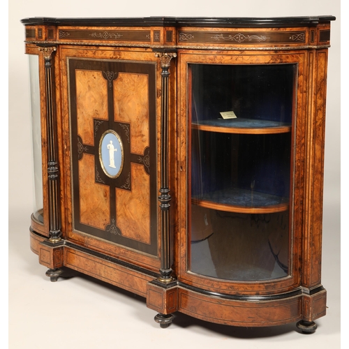 527 - Victorian walnut credenza, central solid door mounted with oval wedgwood panel of classical figure, ... 