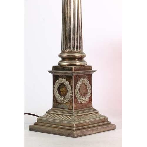 384 - Victorian silver plated Corinthian column oil lamp base, the cranberry glass shade over clear cut gl... 