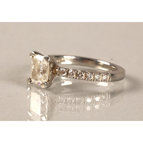 110 - Ladies platinum 0.75 carat diamond solitaire ring with diamond shoulders, ring size K/L.