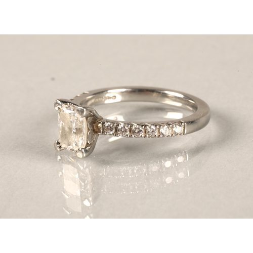 110 - Ladies platinum 0.75 carat diamond solitaire ring with diamond shoulders, ring size K/L.