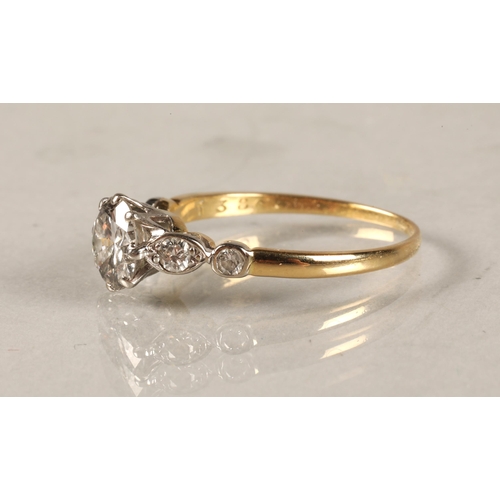 111 - Ladies 18ct yellow gold 1.25 carat diamond solitaire ring with diamond shoulders, ring size N.