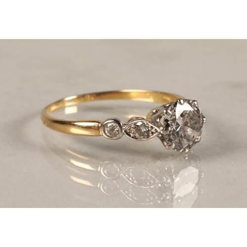 111 - Ladies 18ct yellow gold 1.25 carat diamond solitaire ring with diamond shoulders, ring size N.