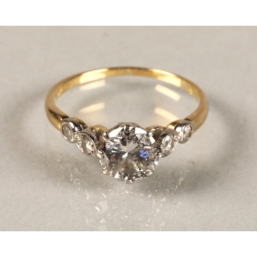 111 - Ladies 18ct yellow gold 1.25 carat diamond solitaire ring with diamond shoulders, ring size N.