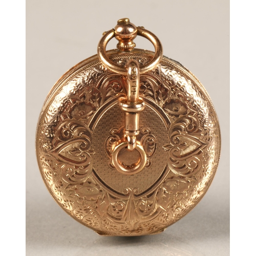 127 - Ladies 9k gold open face pocket watch, total weight 35 grams.