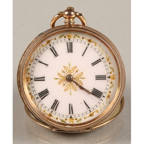 127 - Ladies 9k gold open face pocket watch, total weight 35 grams.