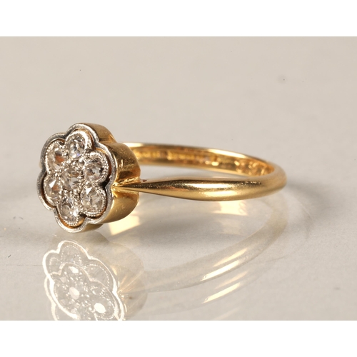 51 - Ladies 18ct yellow gold diamond daisy cluster ring, ring size O/P.