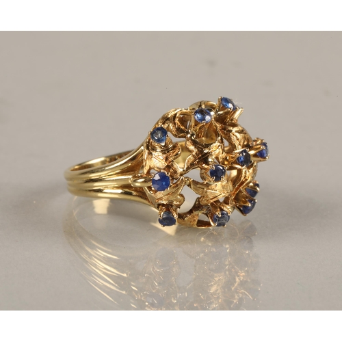 55 - Ladies 18ct yellow gold sapphire ring, mounted with thirteen small sapphires, ring size N.