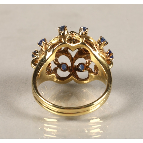 55 - Ladies 18ct yellow gold sapphire ring, mounted with thirteen small sapphires, ring size N.