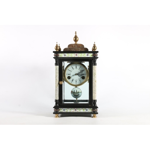 388 - Chinese made modern French style four glass mantle clock with faux marble columns and enamel frieze,... 