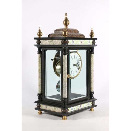 388 - Chinese made modern French style four glass mantle clock with faux marble columns and enamel frieze,... 