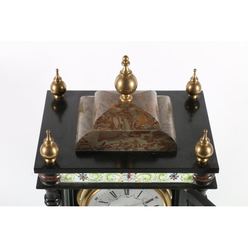 388 - Chinese made modern French style four glass mantle clock with faux marble columns and enamel frieze,... 