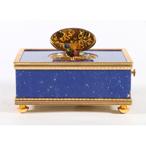 391 - Swiss Reuge Music gilt metal mounted lapis lazuli blue speckled enamel mechanical singing bird box, ... 