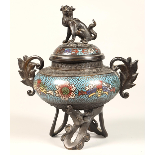 225A - Japanese bronze champleve enamel incense burner, with dog of fo finial.