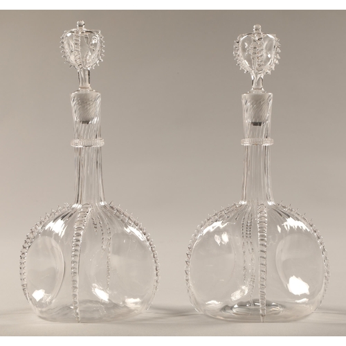 240 - Rare pair of Victorian Whitefriars four sided dimpled decanters with subtle vertical moulded ribbing... 