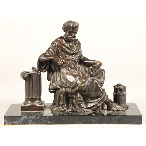 246 - Bronze figure of a Roman noble reading scrolls, on marble base, 33cm long,25cm high.