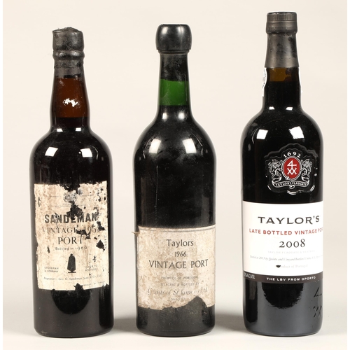 304 - Taylor's 1966 vintage port, Taylor's 2008 vintage port, Sandeman vintage pot 1960(3 Bottles)